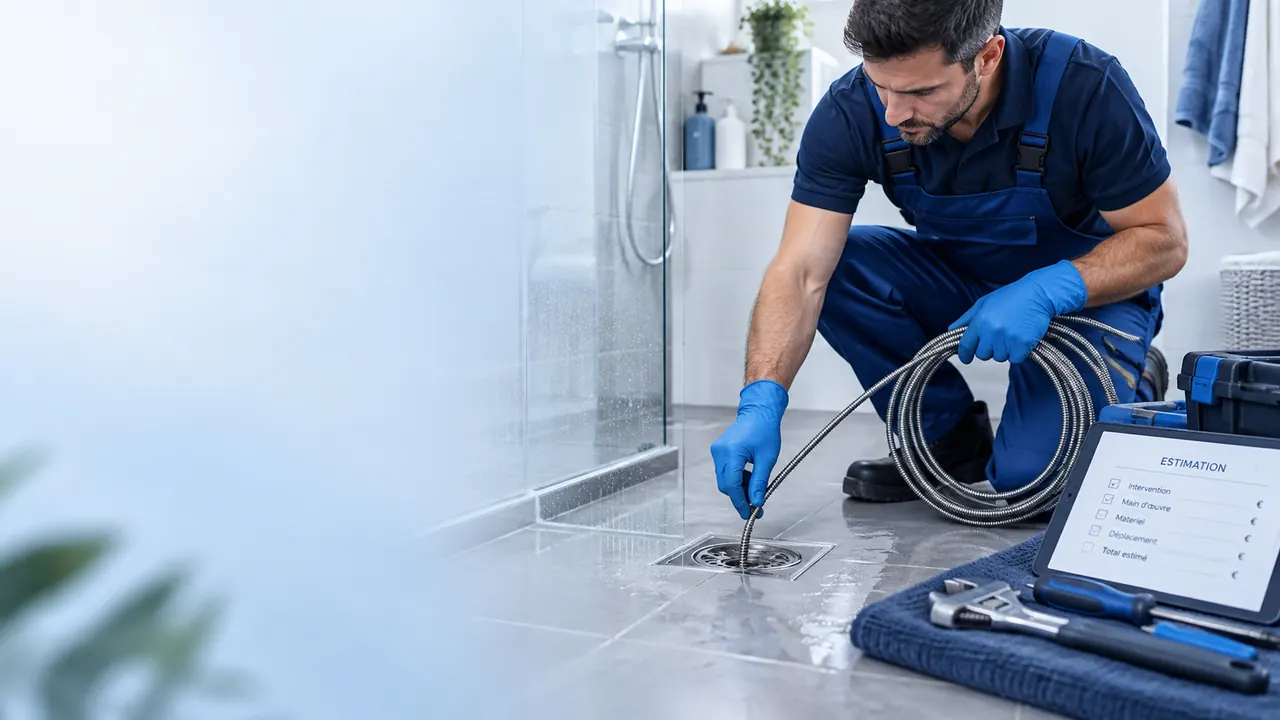 Plombier introduisant un furet dans la bonde d’une douche à l’italienne à Saint-Mandé pour déboucher la canalisation