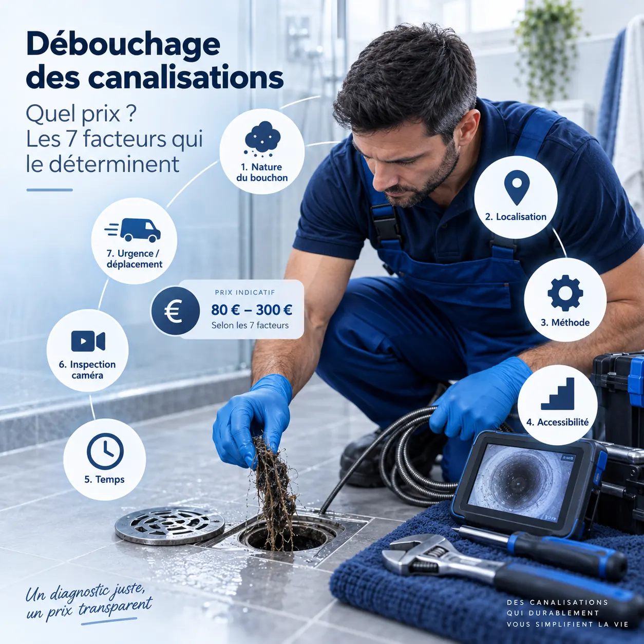 Les 7 facteurs de prix d’un débouchage de canalisation : nature du bouchon, localisation, méthode, accessibilité, temps, caméra et urgence