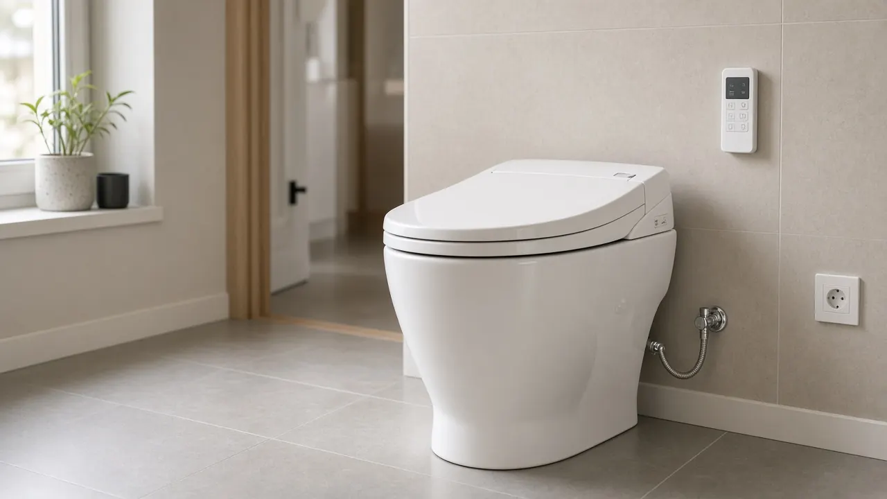 WC japonais monobloc nouvellement installé dans des toilettes d’appartement à Saint-Mandé, télécommande et raccordements visibles