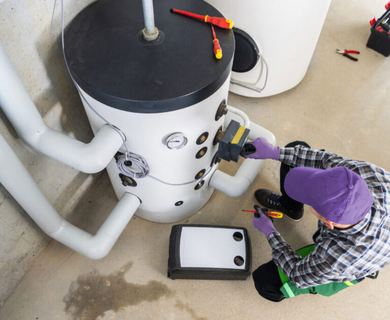 Technicien en gants violets inspectant un chauffe-eau avec des outils à proximité.